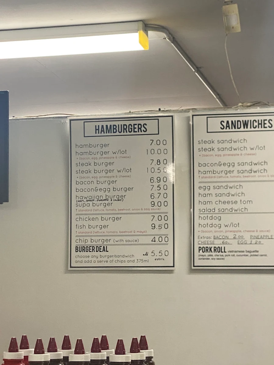 Menu, Peter & Tina's Snack Bar