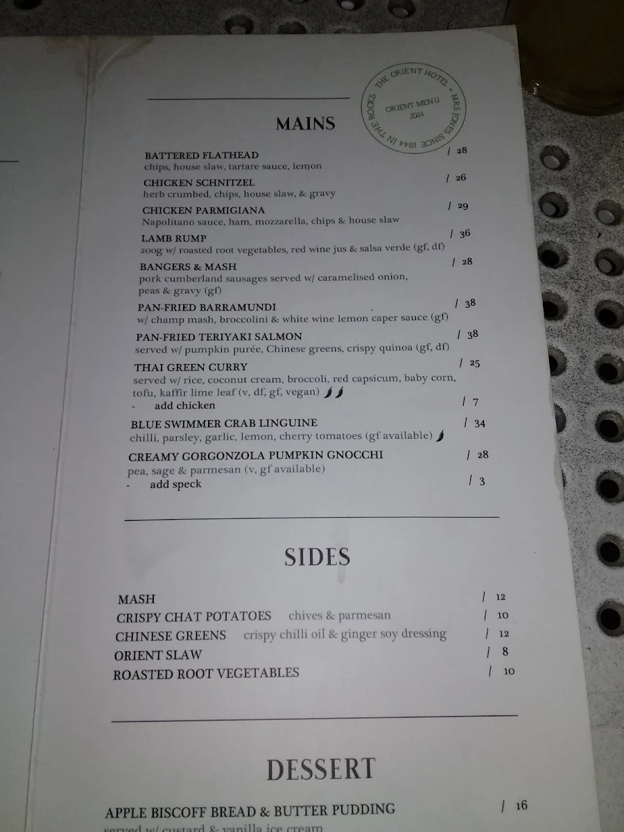 Menu, Orient Hotel