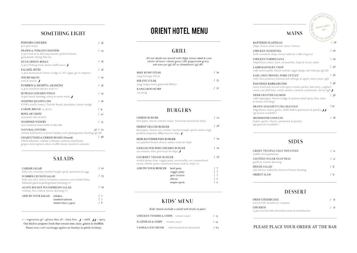 Menu, Orient Hotel