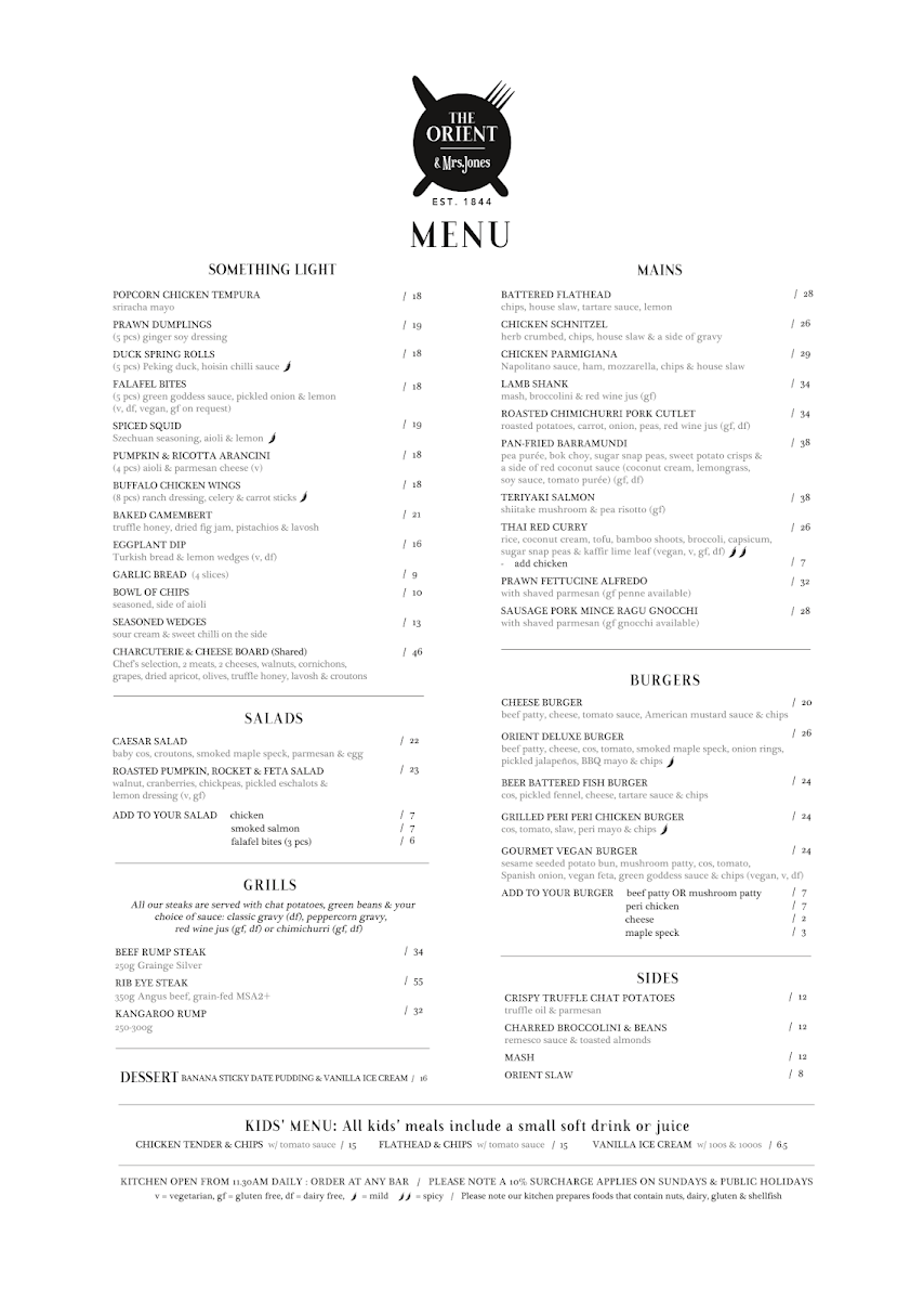 Menu, Orient Hotel