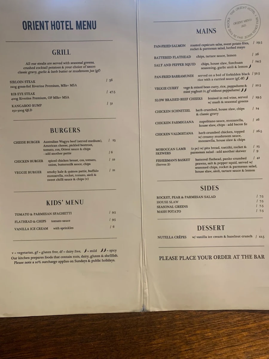 Menu, Orient Hotel