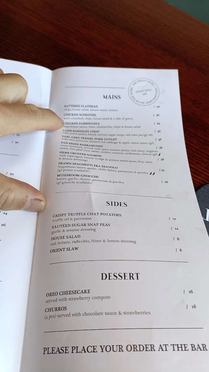 Menu, Orient Hotel