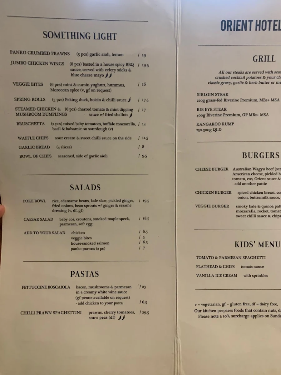 Menu, Orient Hotel