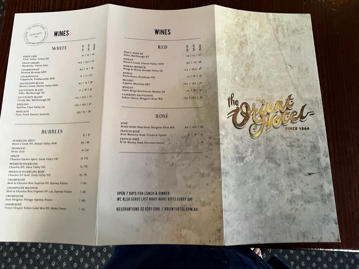 Menu, Orient Hotel
