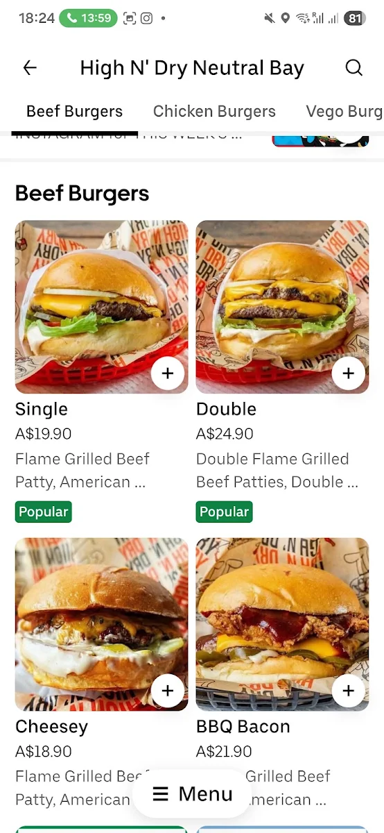 Menu, High N' Dry