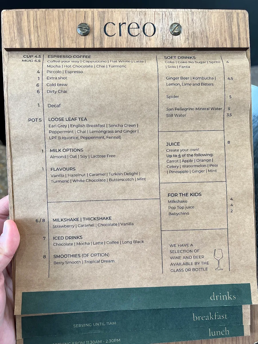 Menu, Creo Cafe