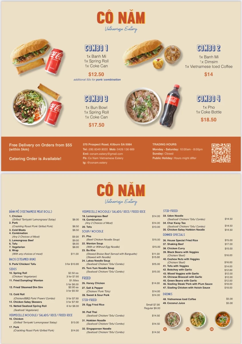 Menu, Co Nam Vietnamese Eatery