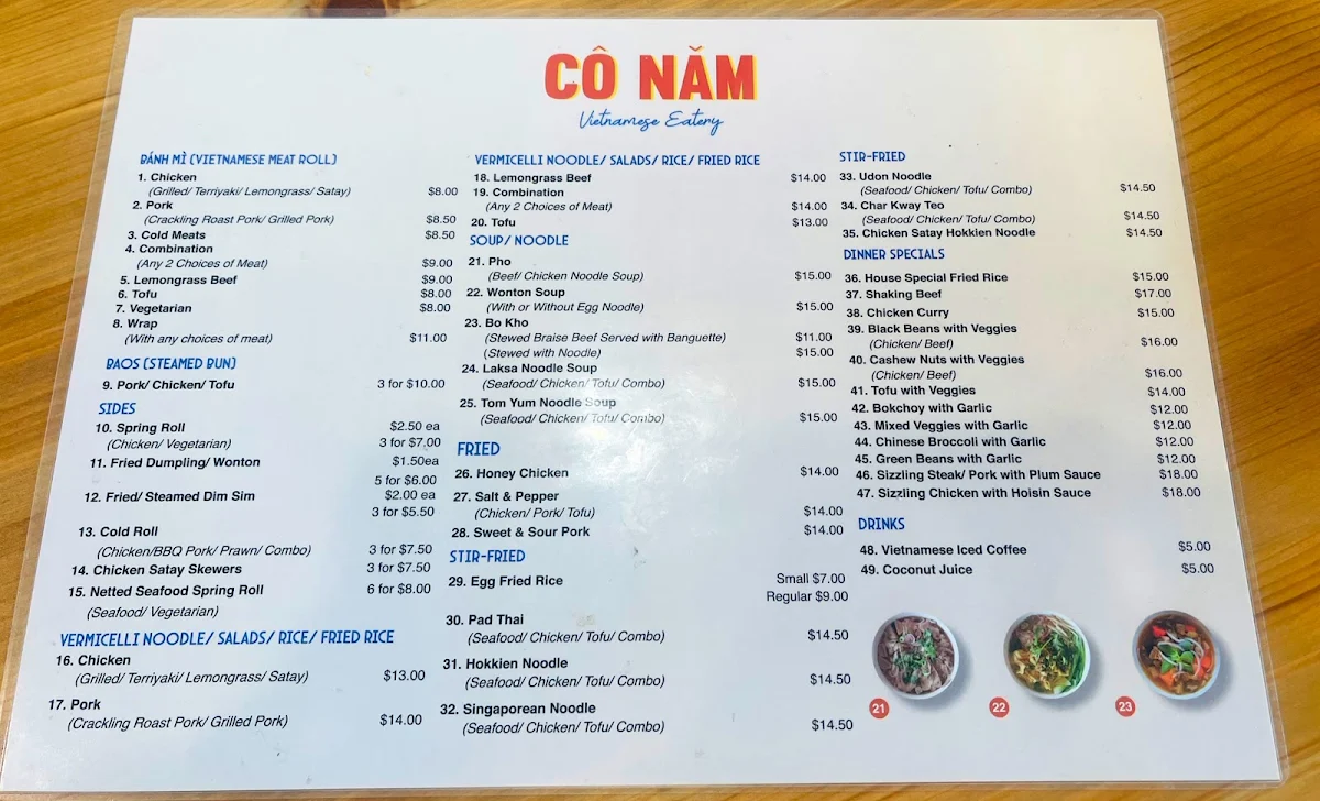 Menu, Co Nam Vietnamese Eatery