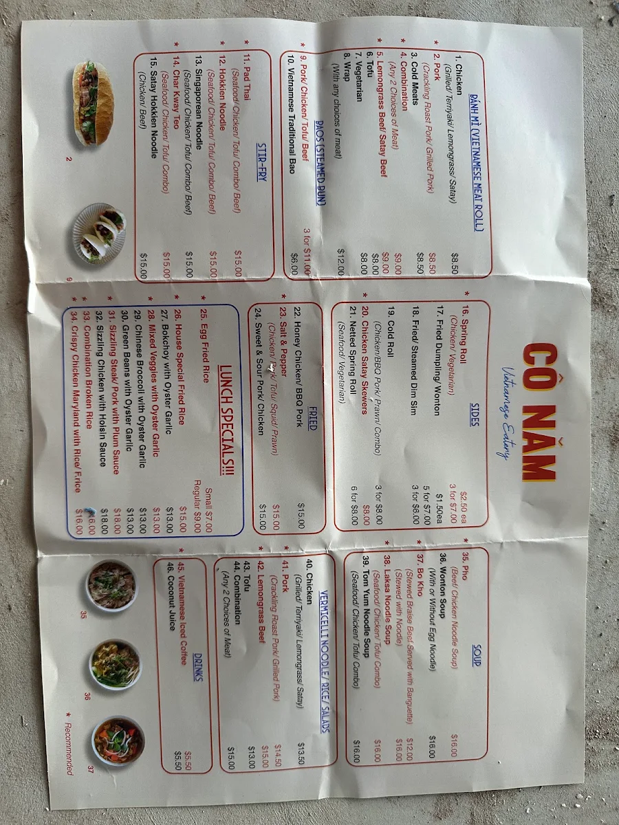 Menu, Co Nam Vietnamese Eatery