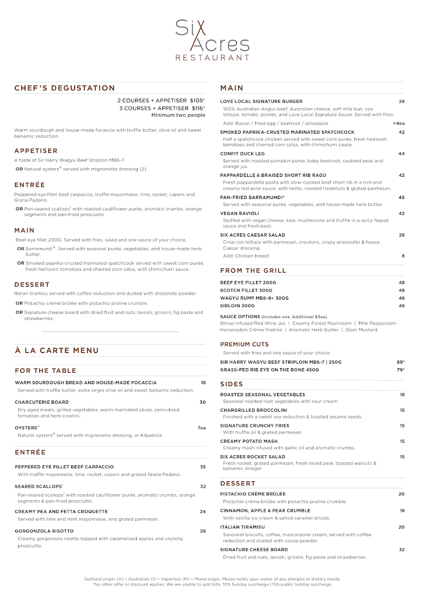 Menu, Six Acres Restaurant