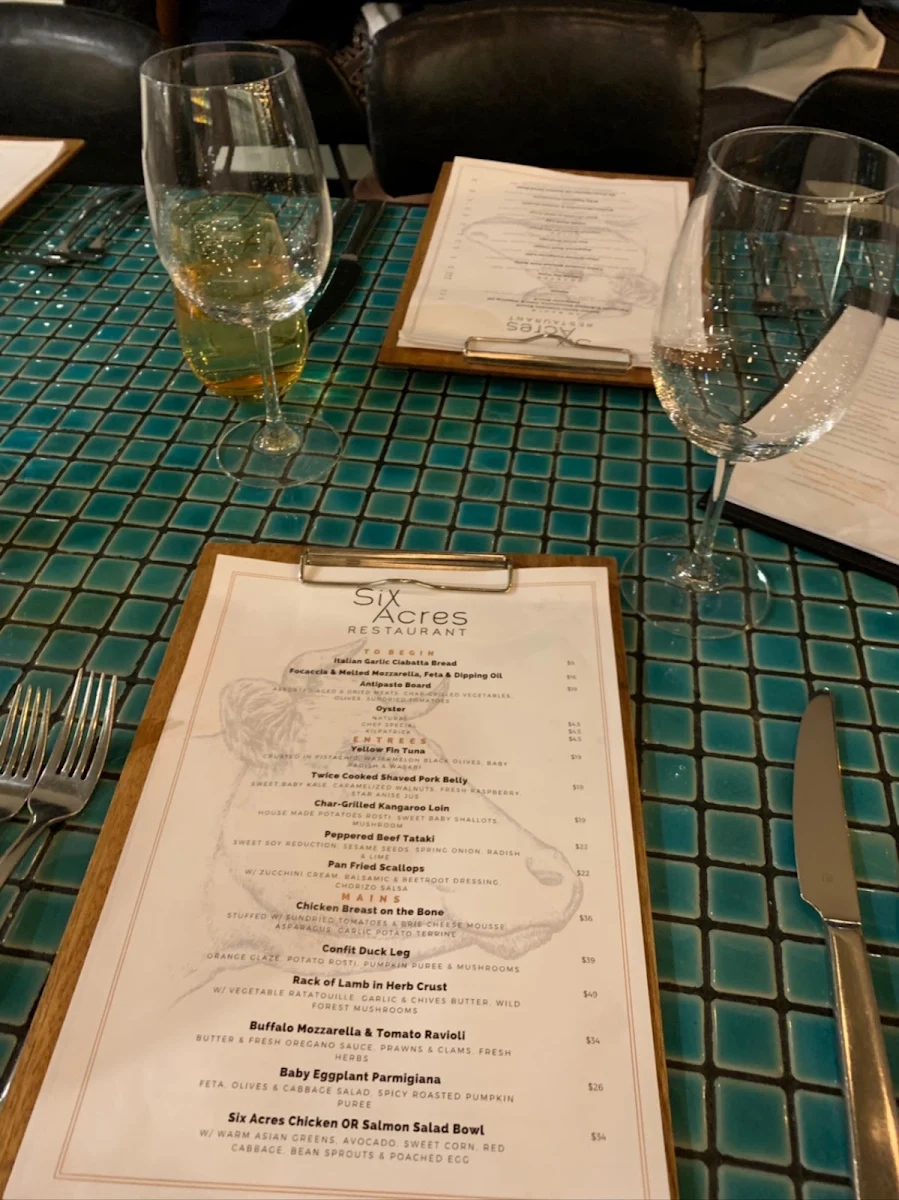 Menu, Six Acres Restaurant