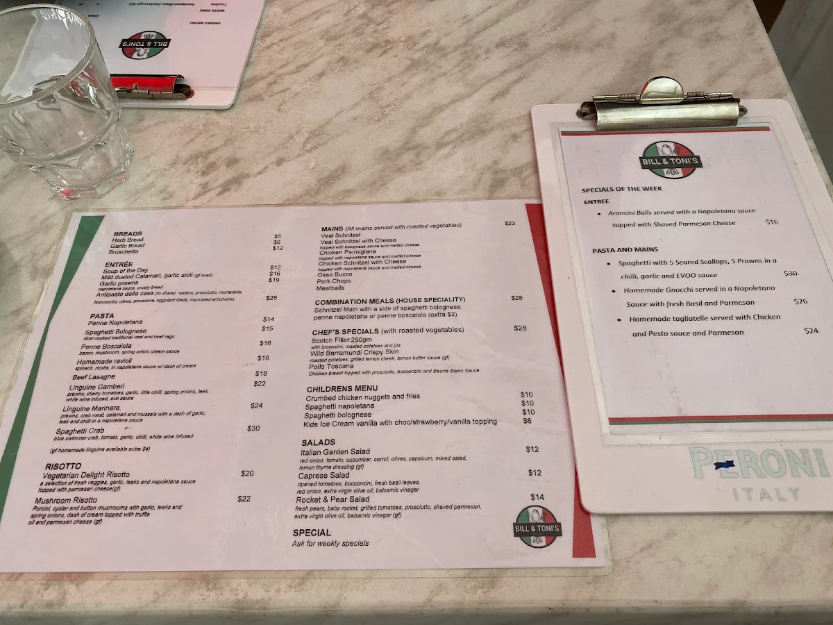 Menu, Bill & Toni's