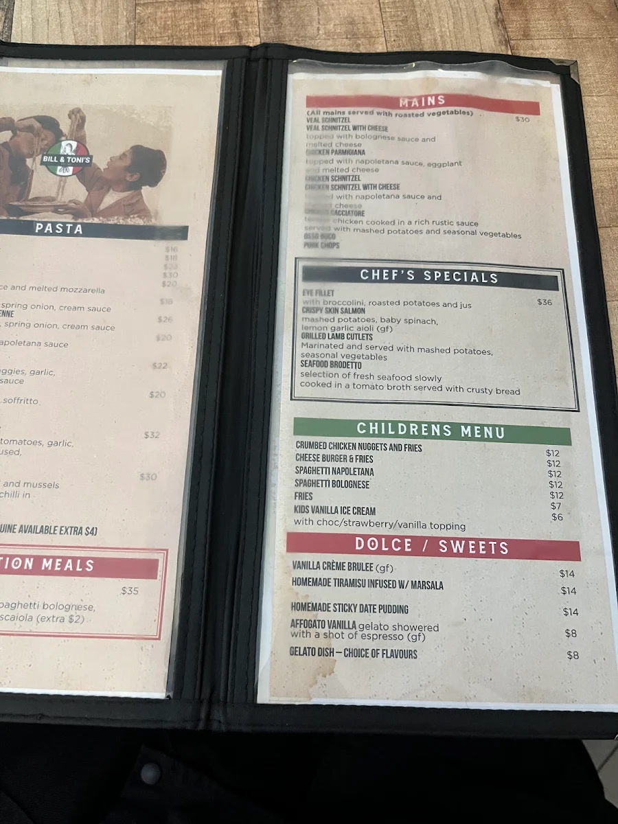 Menu, Bill & Toni's