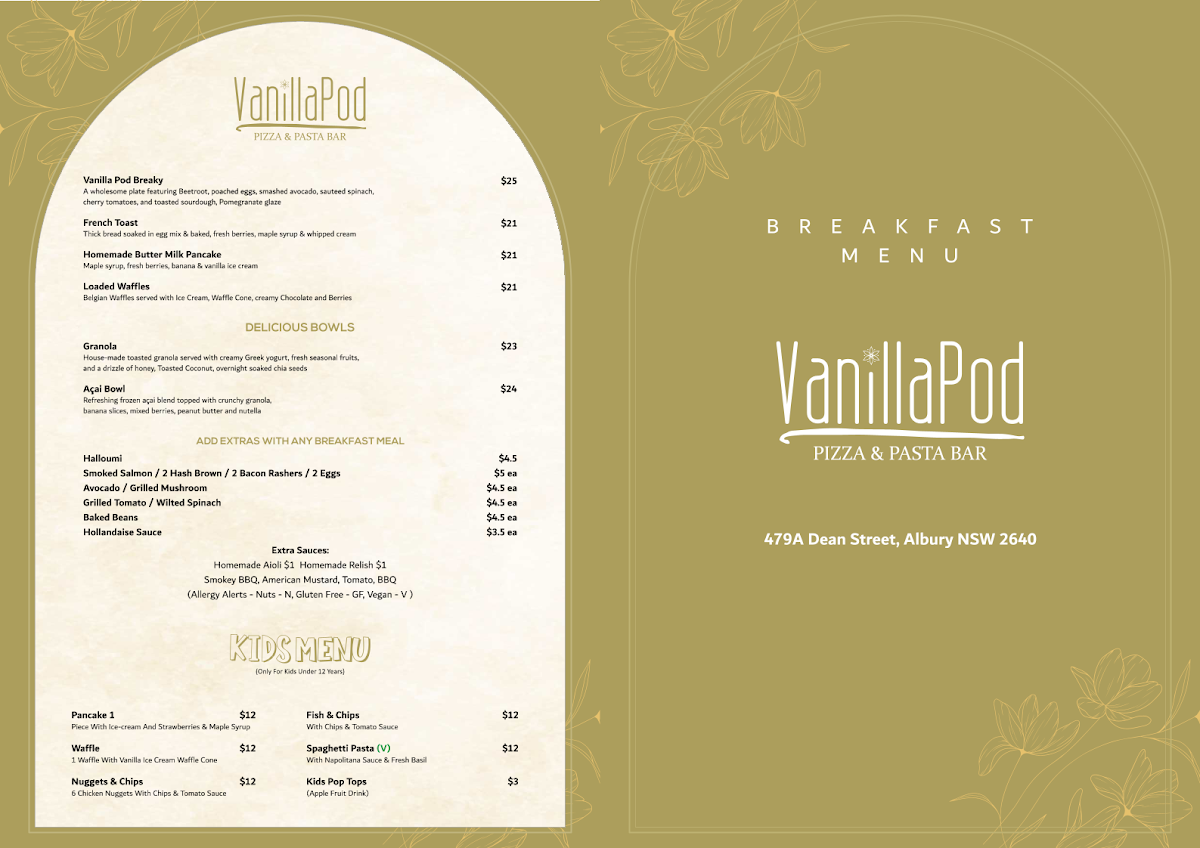 Menu, Vanilla Pod Pizza & Pasta Bar Albury