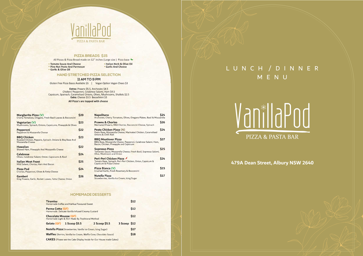 Menu, Vanilla Pod Pizza & Pasta Bar Albury