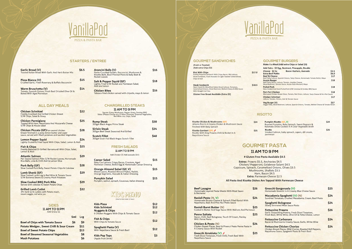 Menu, Vanilla Pod Pizza & Pasta Bar Albury