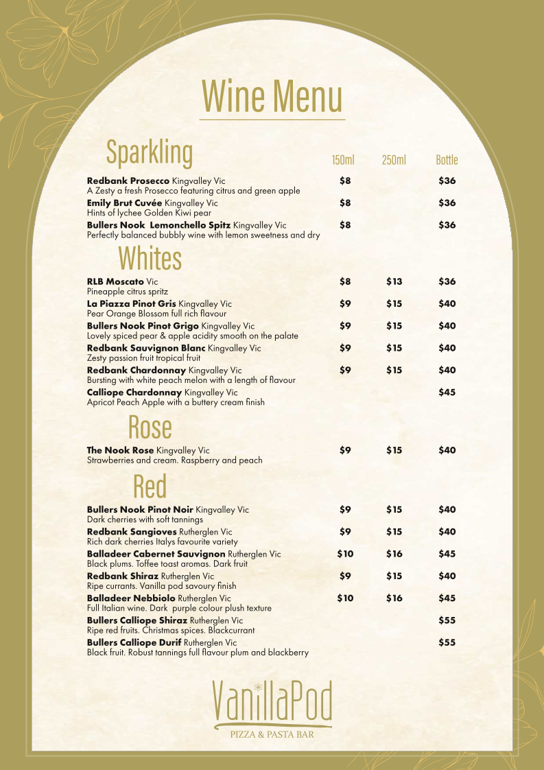 Menu, Vanilla Pod Pizza & Pasta Bar Albury