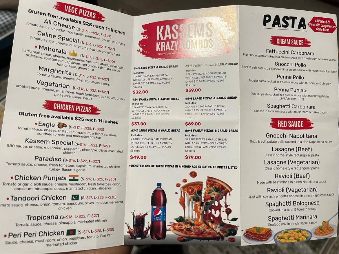 Menu, Kassems Pizza & Pasta