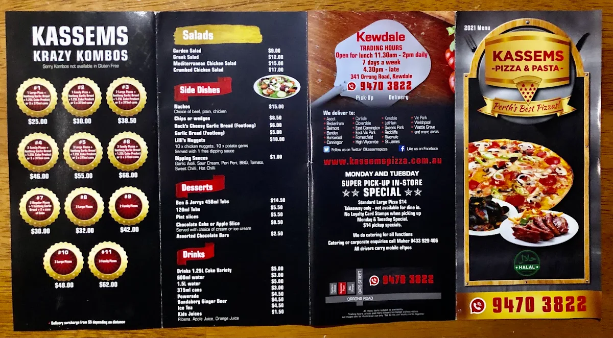 Menu, Kassems Pizza & Pasta