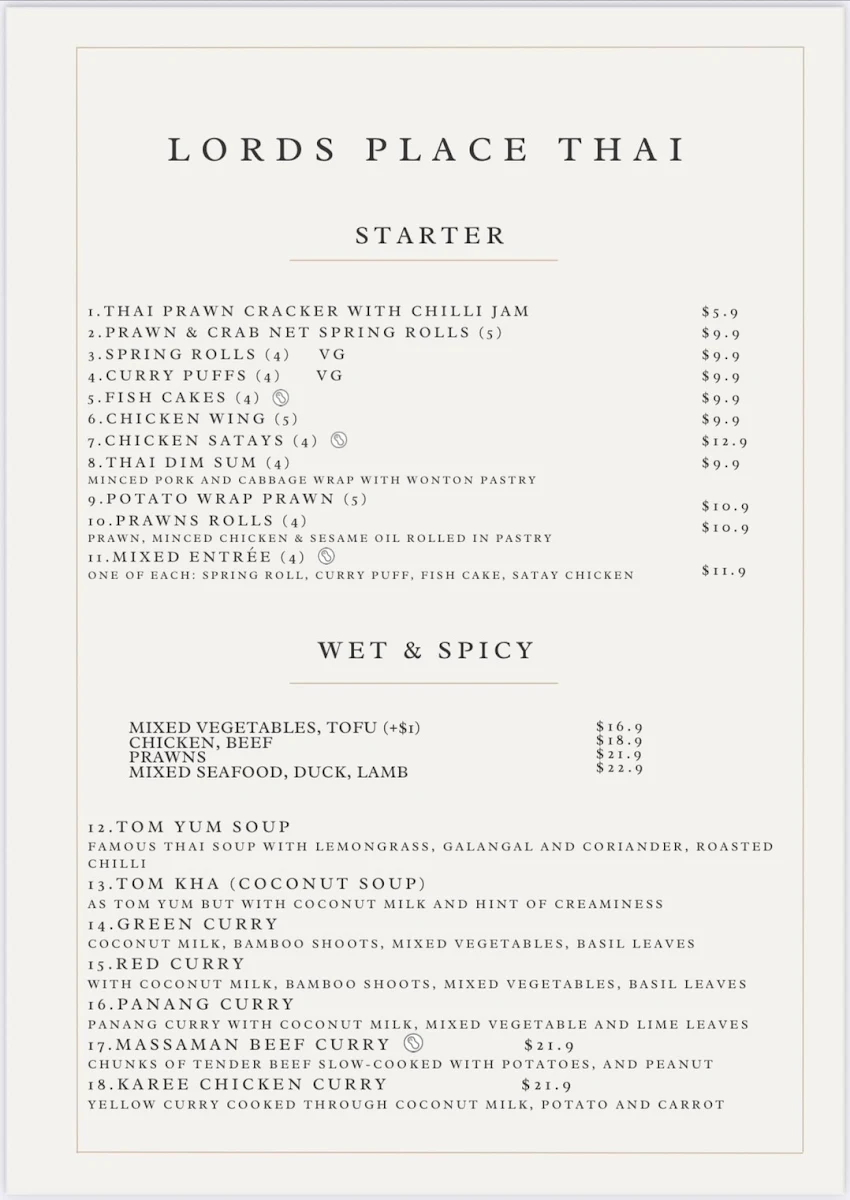 Menu, Lords Place Thai Restaurant