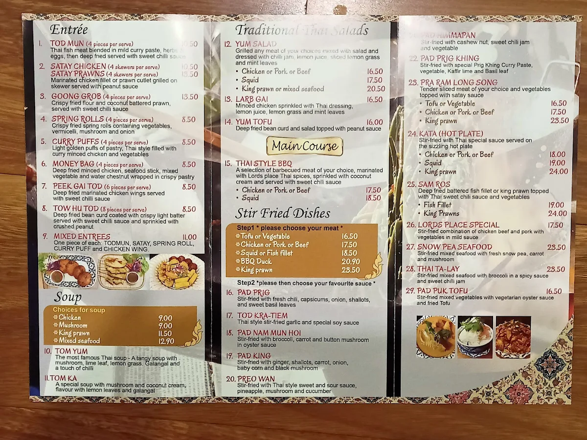Menu, Lords Place Thai Restaurant