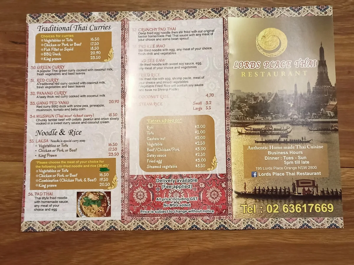 Menu, Lords Place Thai Restaurant