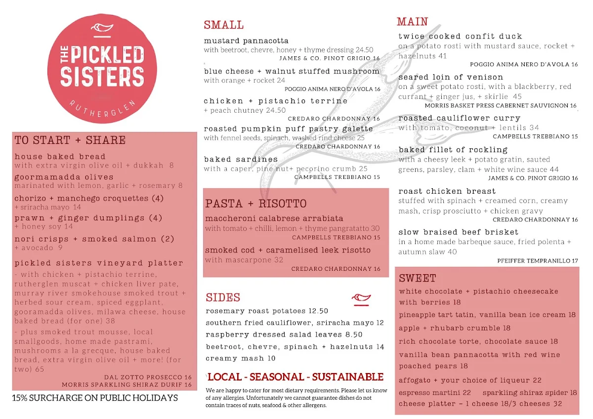 Menu, The Pickled Sisters Cafe + Restaurant