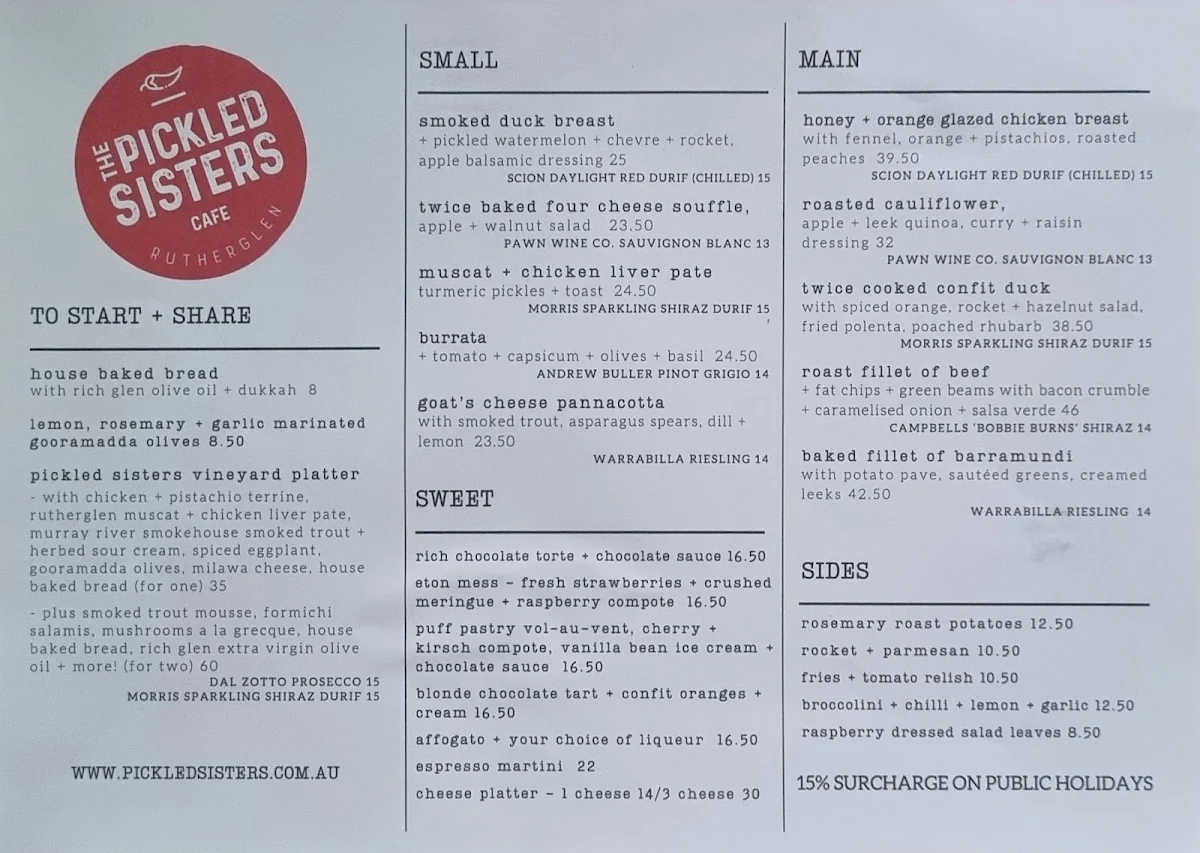 Menu, The Pickled Sisters Cafe + Restaurant