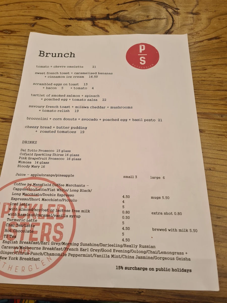 Menu, The Pickled Sisters Cafe + Restaurant