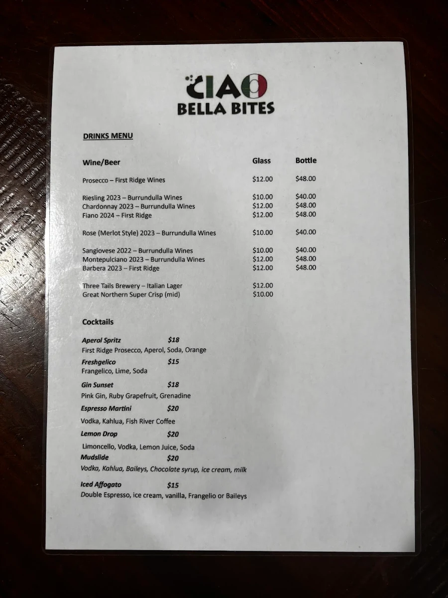 Menu, Ciao Bella Bites