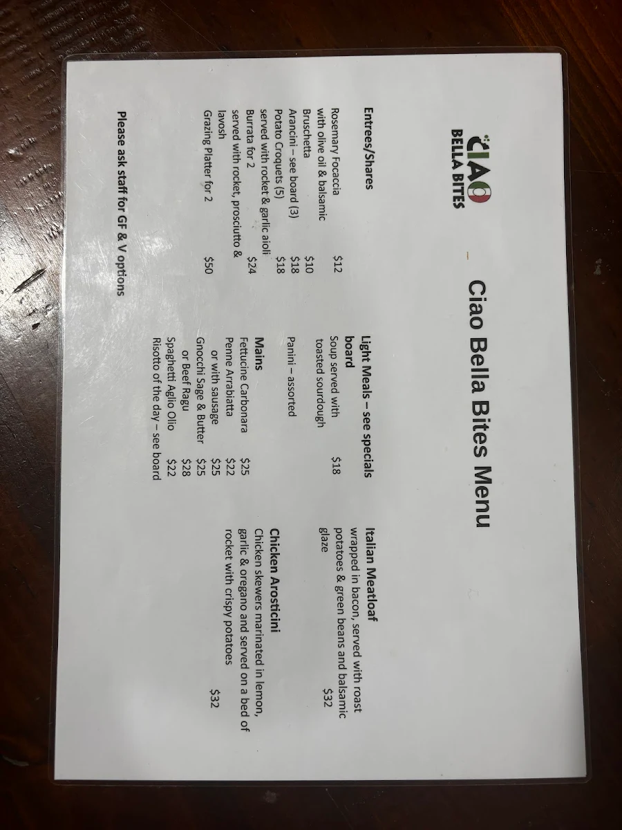 Menu, Ciao Bella Bites