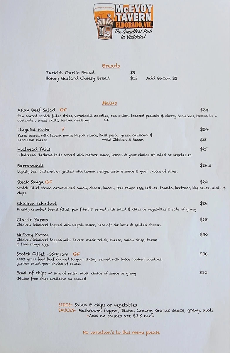 Menu, McEvoy Tavern