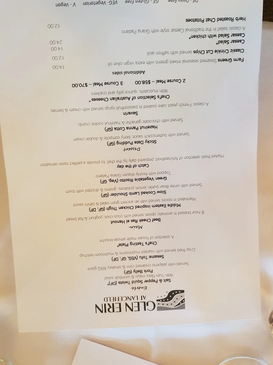 Menu, Restaurant @ Glen Erin