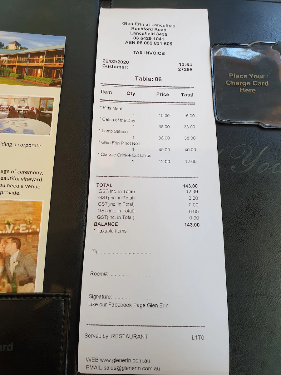 Menu, Restaurant @ Glen Erin