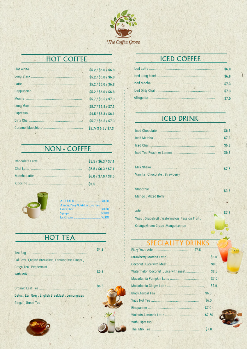 Menu, The Coffee Grove