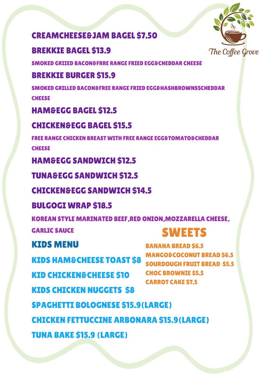 Menu, The Coffee Grove