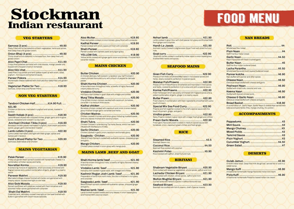 Menu, Stockman Indian Restaurant Narromine