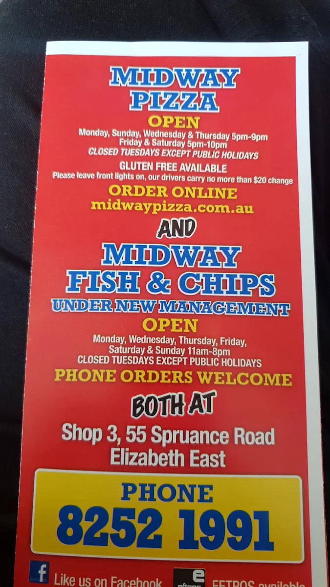 Menu, Midway Pizza and Midway Fish & Chips