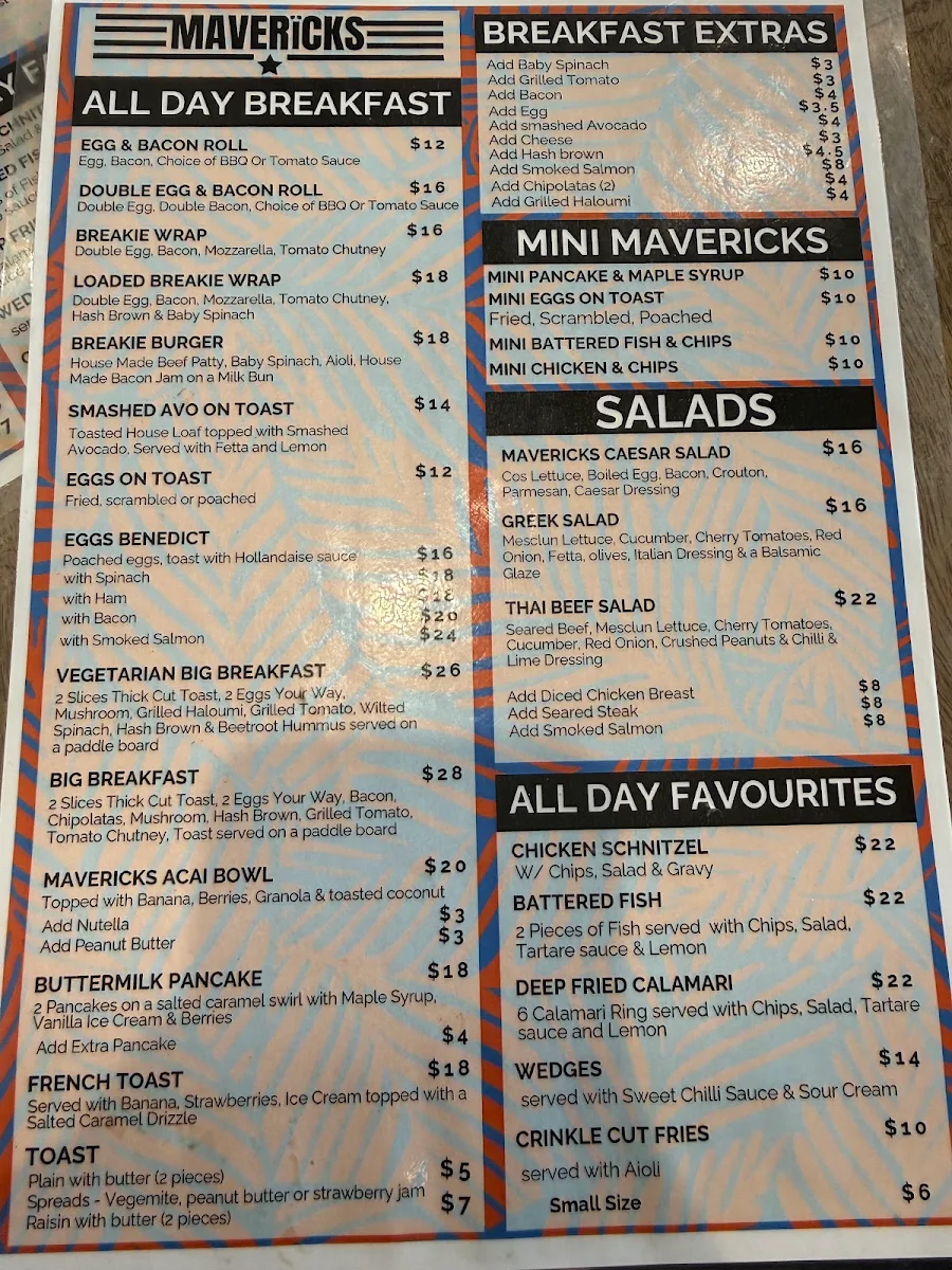 Menu, Mavericks Eatery