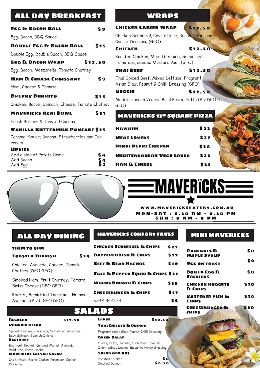 Menu, Mavericks Eatery