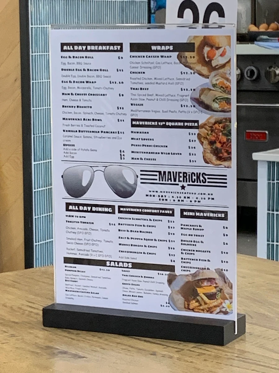 Menu, Mavericks Eatery