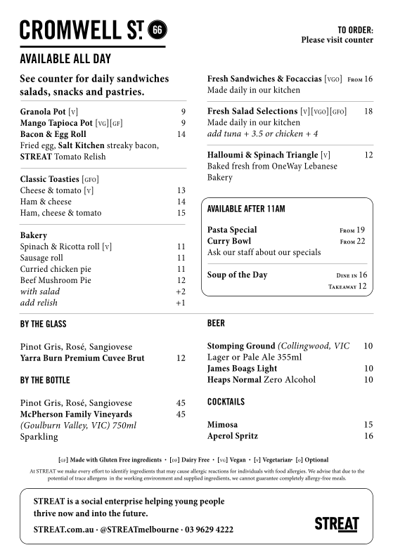 Menu, STREAT Cromwell Cafe