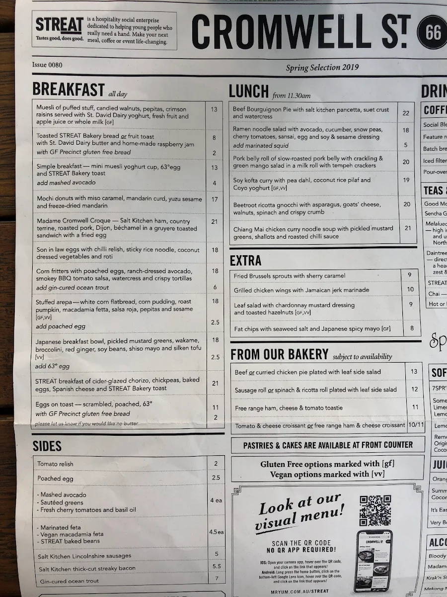 Menu, STREAT Cromwell Cafe