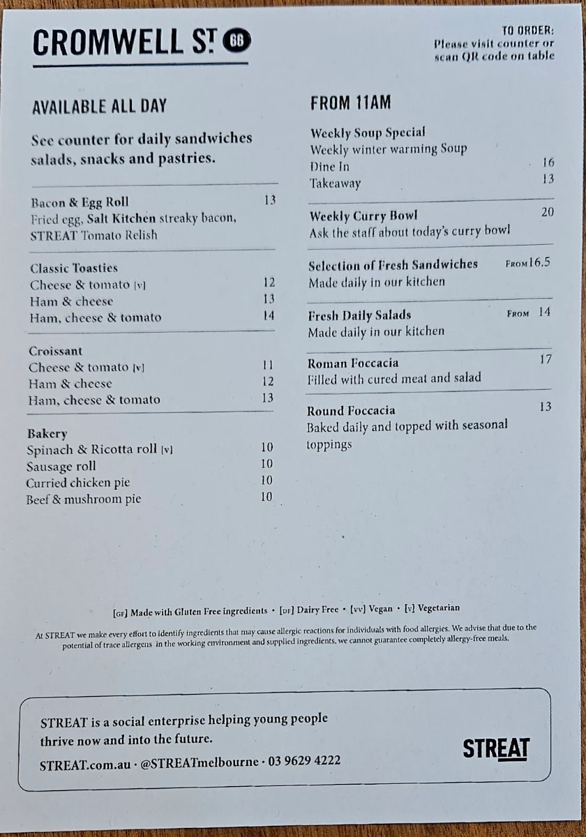 Menu, STREAT Cromwell Cafe