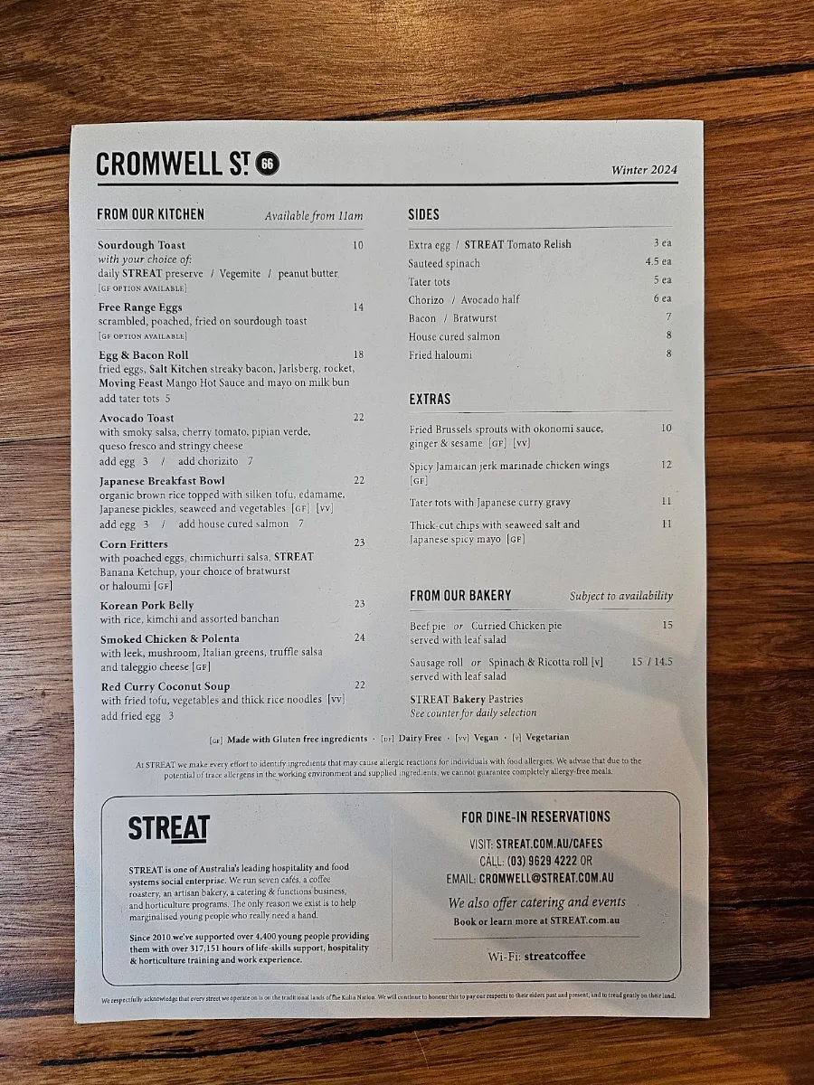 Menu, STREAT Cromwell Cafe