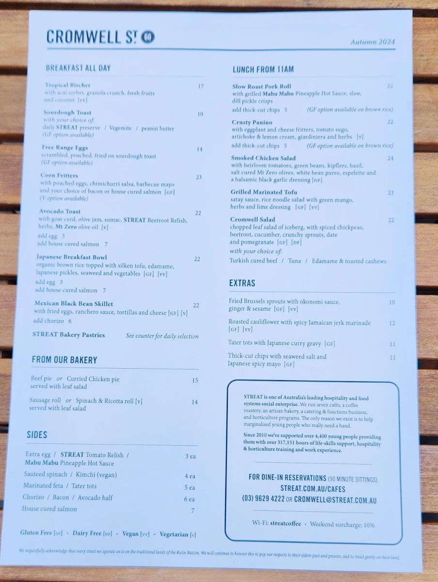 Menu, STREAT Cromwell Cafe