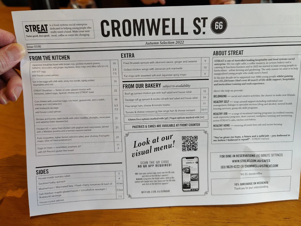 Menu, STREAT Cromwell Cafe