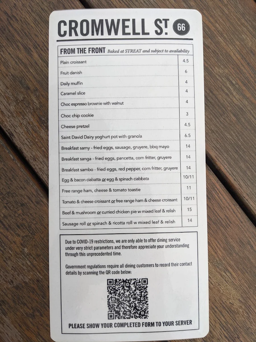 Menu, STREAT Cromwell Cafe