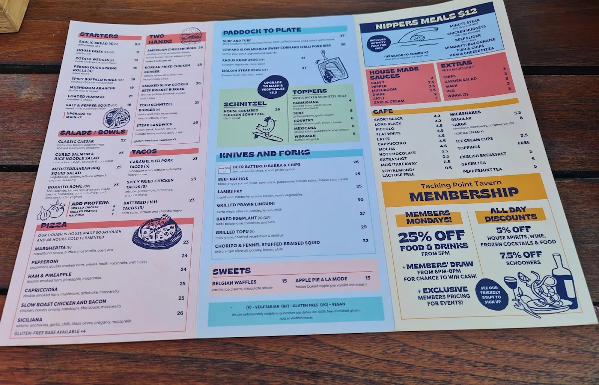 Menu, Tacking Point Tavern