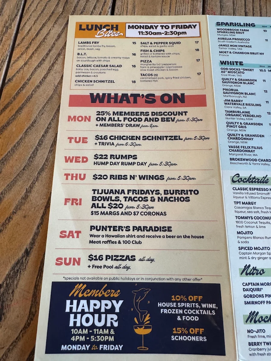 Menu, Tacking Point Tavern